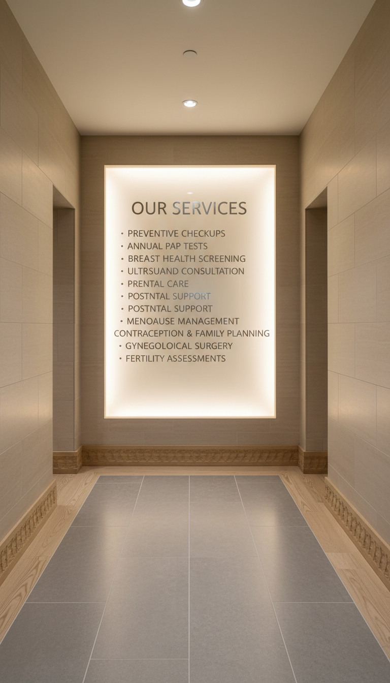 An organized services board for a gynecology clinic rendered as a backlit frosted glass wall panel, featuring engraved, silver-metallic text listing services such as preventive checkups and ultrasound consultation. The panel is set within a pristine, neutral-toned hallway with smooth stone floors and detailed baseboards. Overhead recessed lighting casts an even, soft illumination across the panel, making the text crisp while keeping the environment tranquil and professional. The camera is positioned at eye level with a centered composition for maximum clarity. This photographic realism emphasizes the clinic’s structured, transparent approach to care, perfectly suited for a business-focused site.