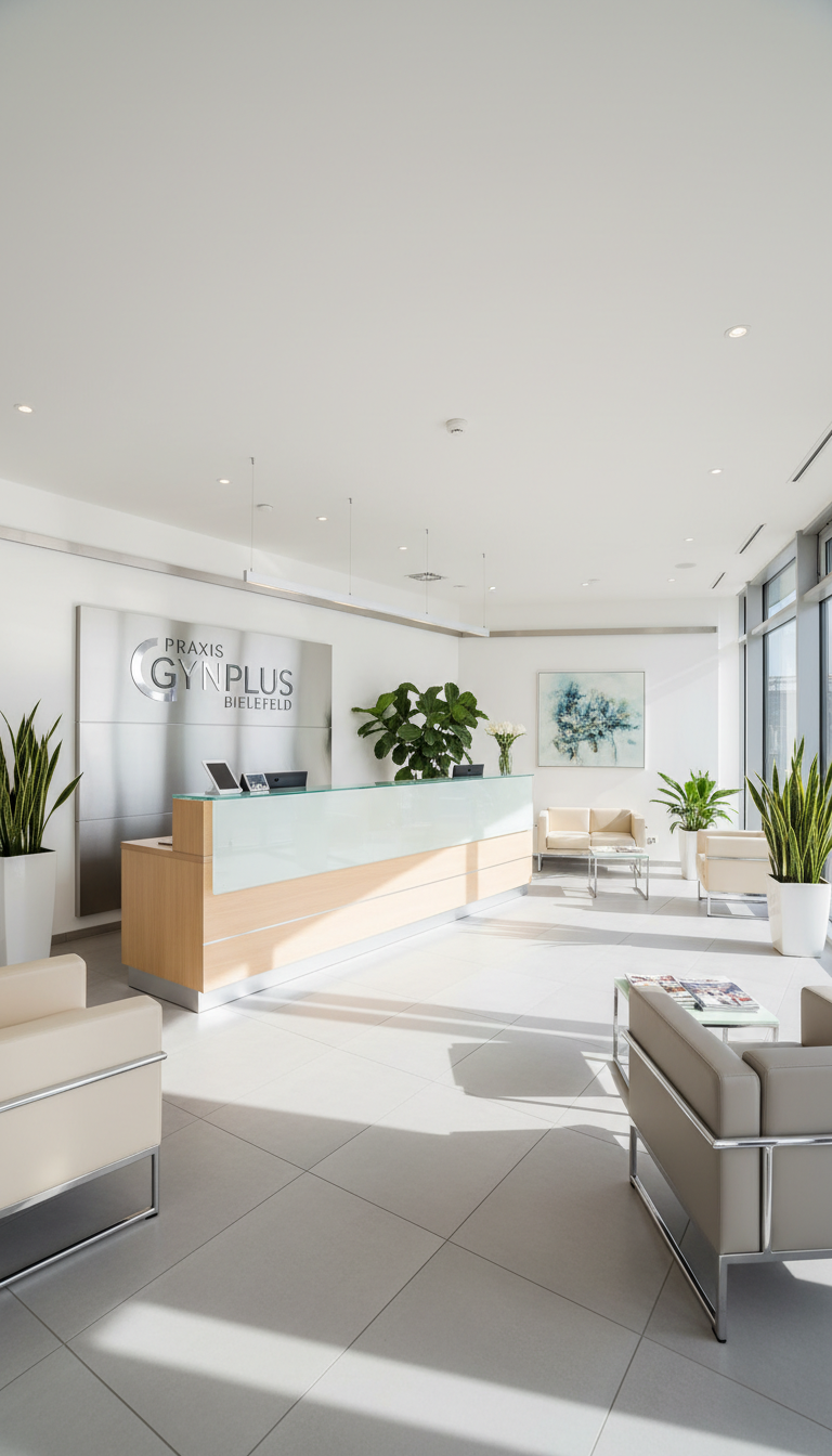 A modern gynecology clinic reception area featuring a long, sleek reception desk made of pale wood and frosted glass, complemented by minimalist white walls and subtle chrome accents. The setting is a meticulously organized space with tastefully arranged indoor plants, calm neutral-toned seating, and a well-lit, open layout. Soft, natural daylight floods in through large windows, creating gentle shadows and a welcoming, professional ambiance. The composition employs a slightly elevated, wide-angle shot to showcase the balanced layout and sparkling cleanliness, reinforcing a corporate, trustworthy feel. This photographic image embodies a clean, structured corporate aesthetic, introducing Praxis GynPlus Bielefeld as a reputable medical facility.