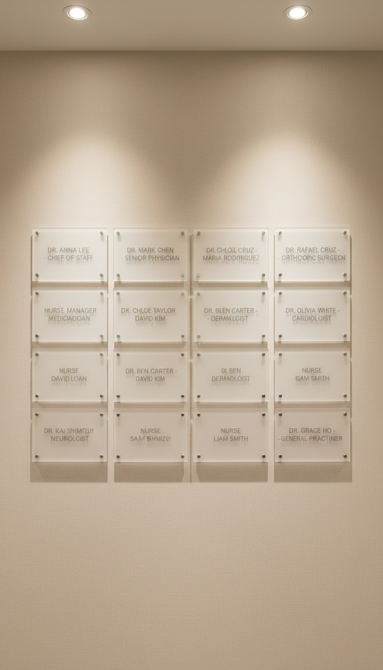 A minimalist wall-mounted staff profile display featuring elegant frosted acrylic plaques with laser-etched names and credentials, arranged in a symmetrical grid against a soft beige textured wall. The surrounding space is uncluttered, with a subtle architectural shadow cast by recessed ceiling lights creating dimension and focus on the display. Shot straight-on with a centered, even composition and shallow depth of field to softly blur the neutral background, the image radiates professionalism and the structured orderliness of the clinic’s team, perfectly aligned with a corporate, businesslike image style.