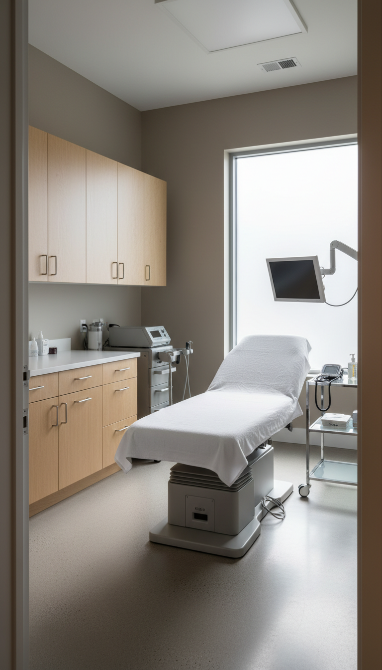 A serene clinic consultation room viewed from the doorway, showcasing a state-of-the-art examination table covered in fresh white linen, surrounded by light wood cabinetry and gleaming stainless steel medical equipment. The room is arranged with medical instruments neatly placed on a glass-topped side table and soft, taupe-colored walls. Gentle diffused daylight streams through a frosted window, highlighting the pristine surfaces and sending faint, defined shadows onto the light grey floor. The composition is balanced, with the exam table as the central focus and all elements in sharp focus, conjuring a calm, reassuring mood and a photographic, clean aesthetic.