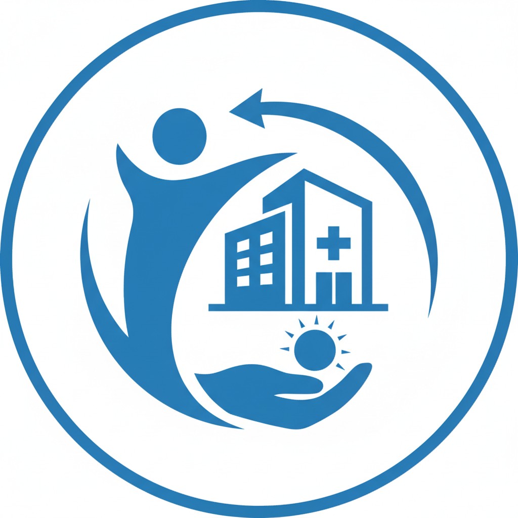 A top down looking image of someone in blue colours attempting to protect a small hospital building in their hands. - A bl...