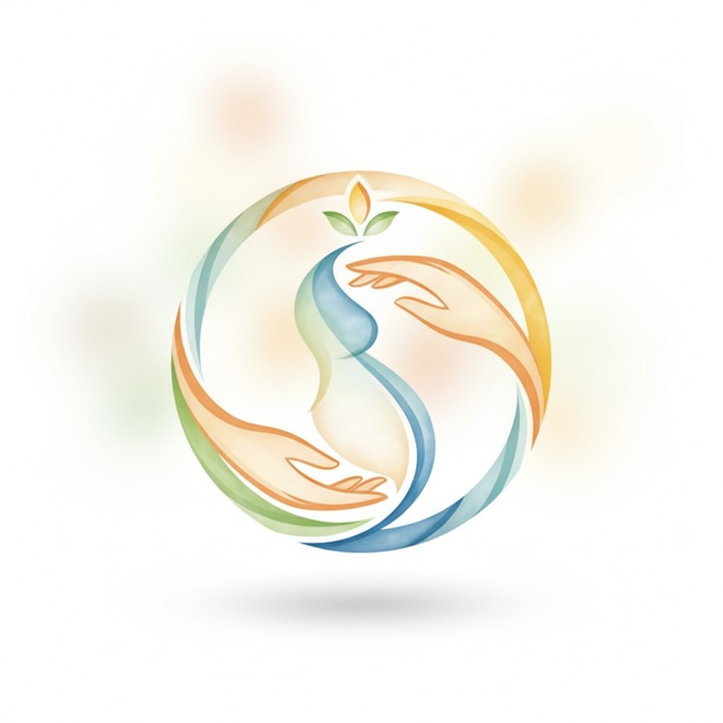 A colorful logo consisting of a lotus flower above two hands meeting, symbolizing unity.