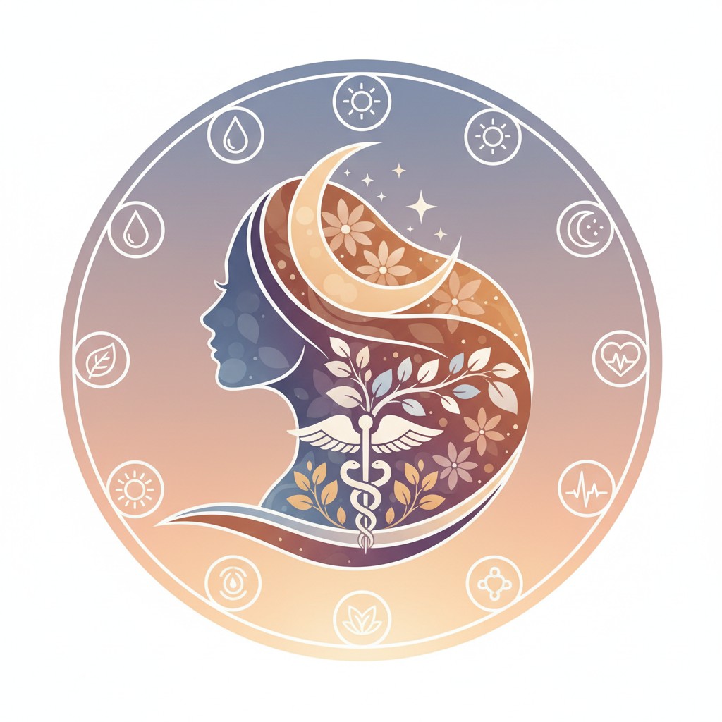 A stylized illustration of a woman's head turned to the left, profile reflected within a gradient circle animating from ea...
