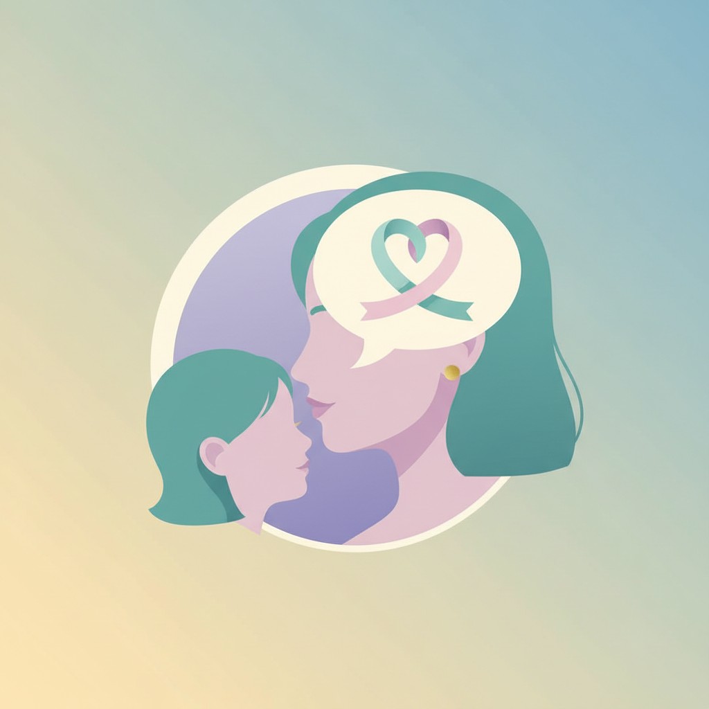 A mother and daughter are depicted with a speech bubble containing a heart-shaped ribbon in varying shades of green and pu...