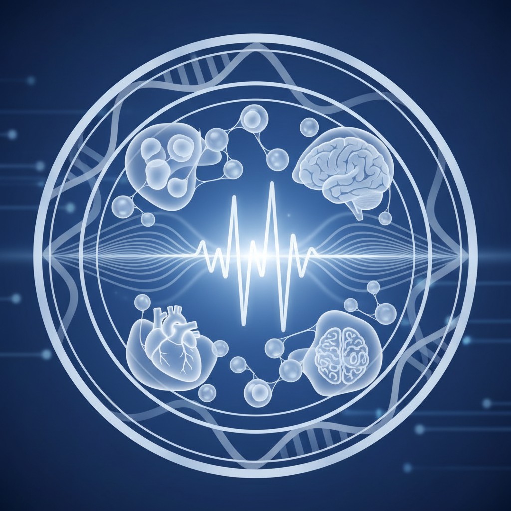 This circular white infographic features a heartbeat line in the middle with various brain and heart illustrations around ...