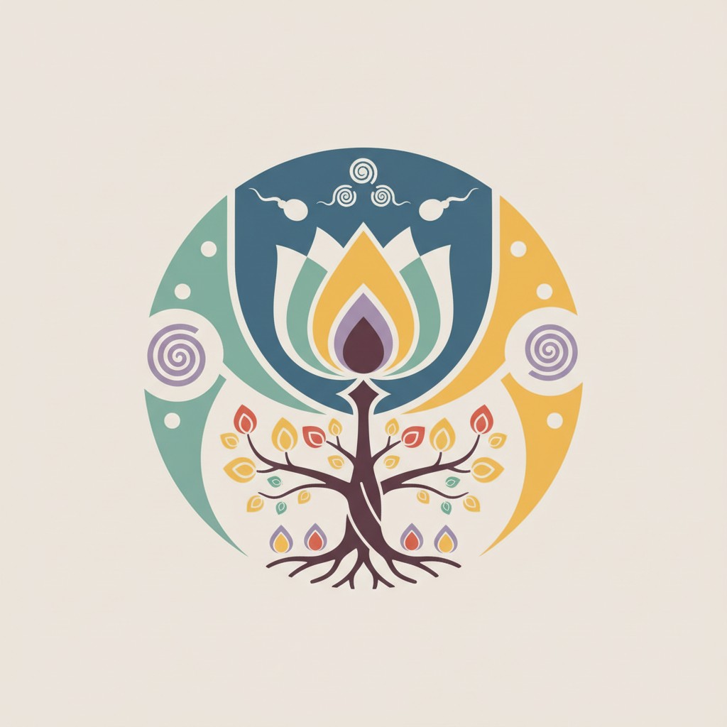 A stylized illustration of a tree with a lotus flower at its center, representing growth and the connection between birth ...